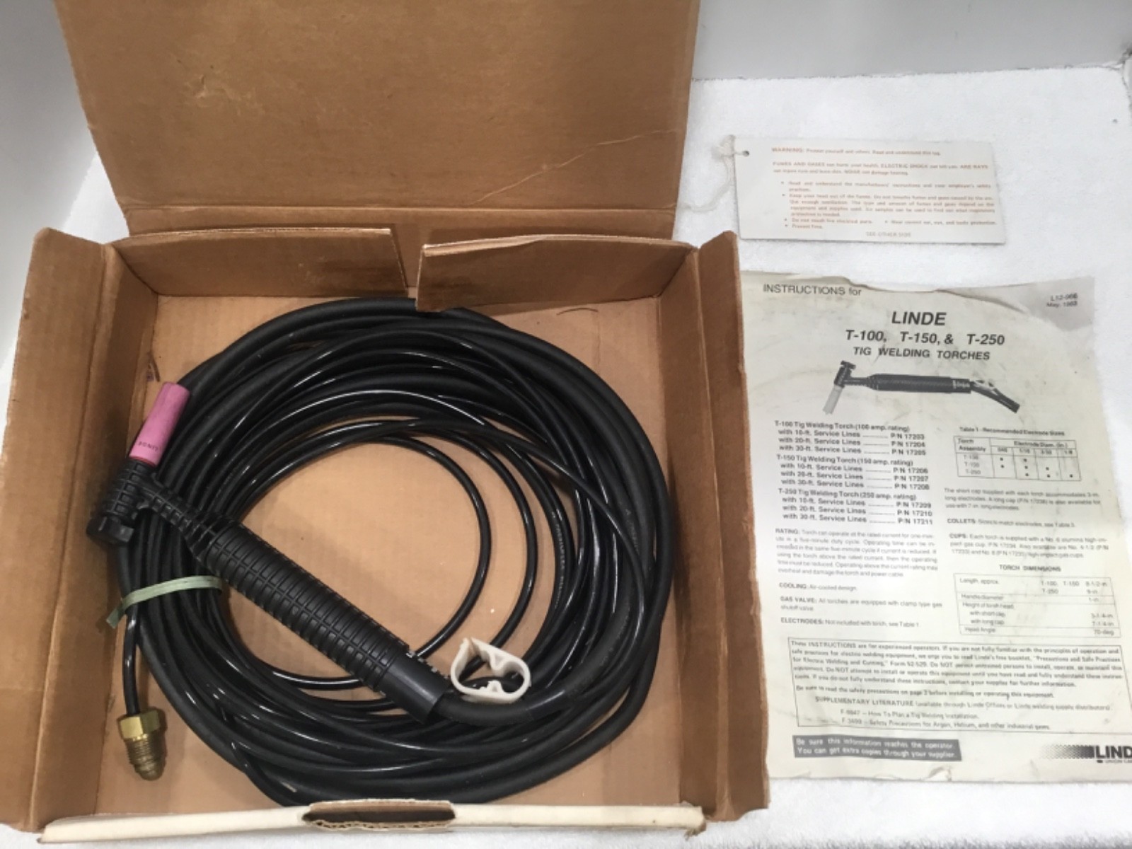 NEW LINDE T-150V Tig Torch NOS 20 FOOT CABLE NEW LINDE T-150V Tig Torch NOS 20 FOOT CABLE