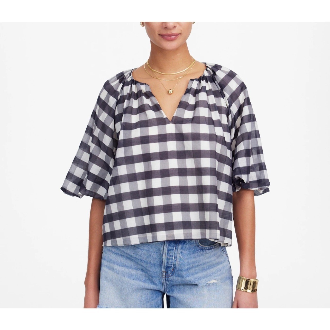 Madewell Women\'s Gingham Buffalo Plaid Bubble Sleeve Top Silk Blend 12 New