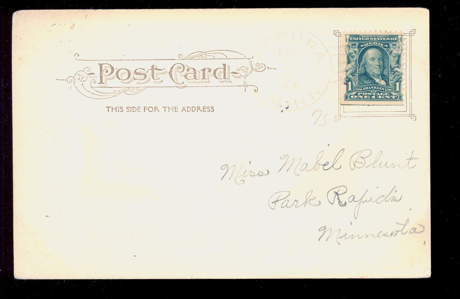 1908 Badoura MN cancel on PC Rare Hubbard Counry DPO 1896-1915 Doane Ty1#1  MN12