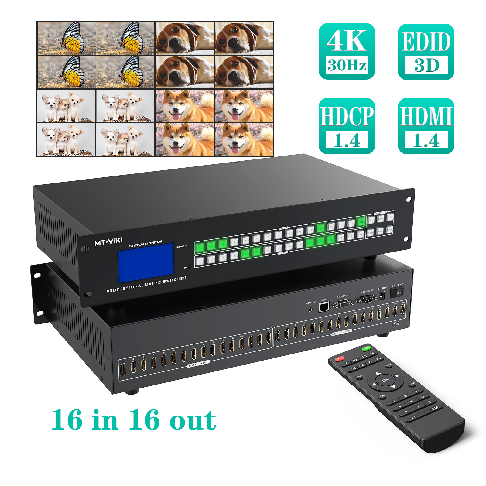 MT-VIKI 16x16 HDMI Matrix Switch 4K@30Hz Audio Extractor LAN RS232 Web APP 2U