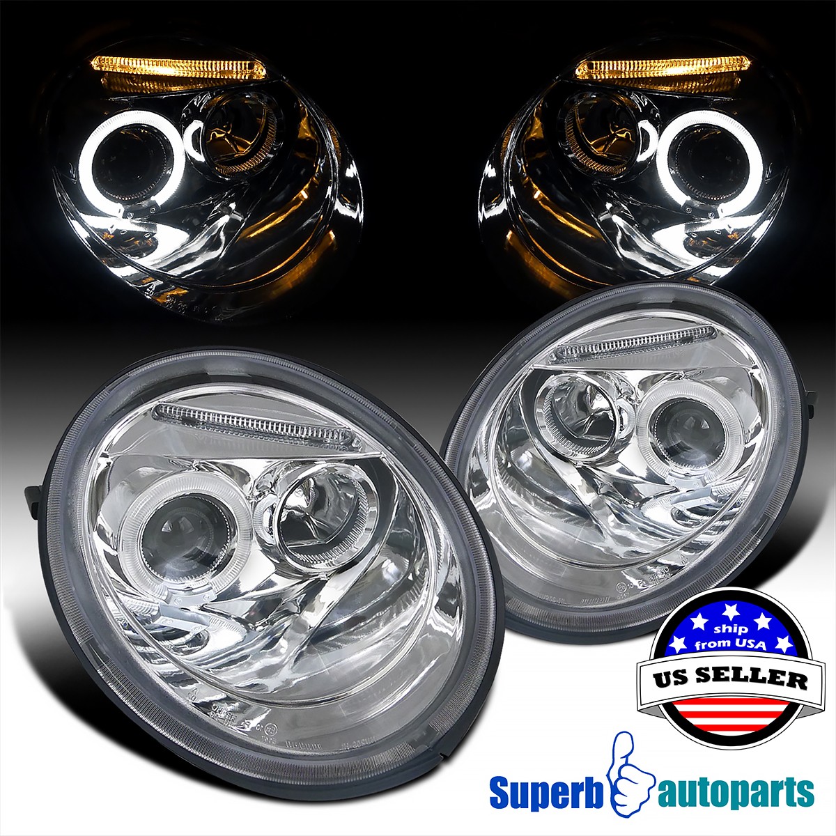 Fits 1998-2005 Volkswagen Beetle Halo Projector Headlight 98-05 VW Head Lamp Fits 1998-2005 Volkswagen Beetle Halo Projector Headlight 98-05 VW Head Lamp