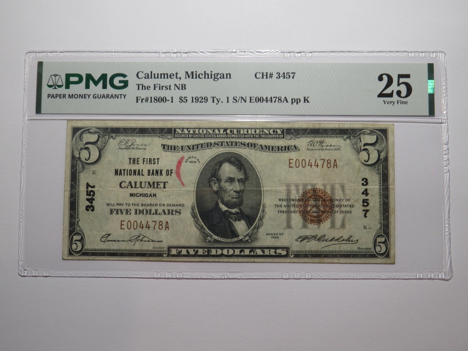 $5 1929 Calumet Michigan MI National Currency Bank Note Bill #3457 VF25 PMG $5 1929 Calumet Michigan MI National Currency Bank Note Bill #3457 VF25 PMG