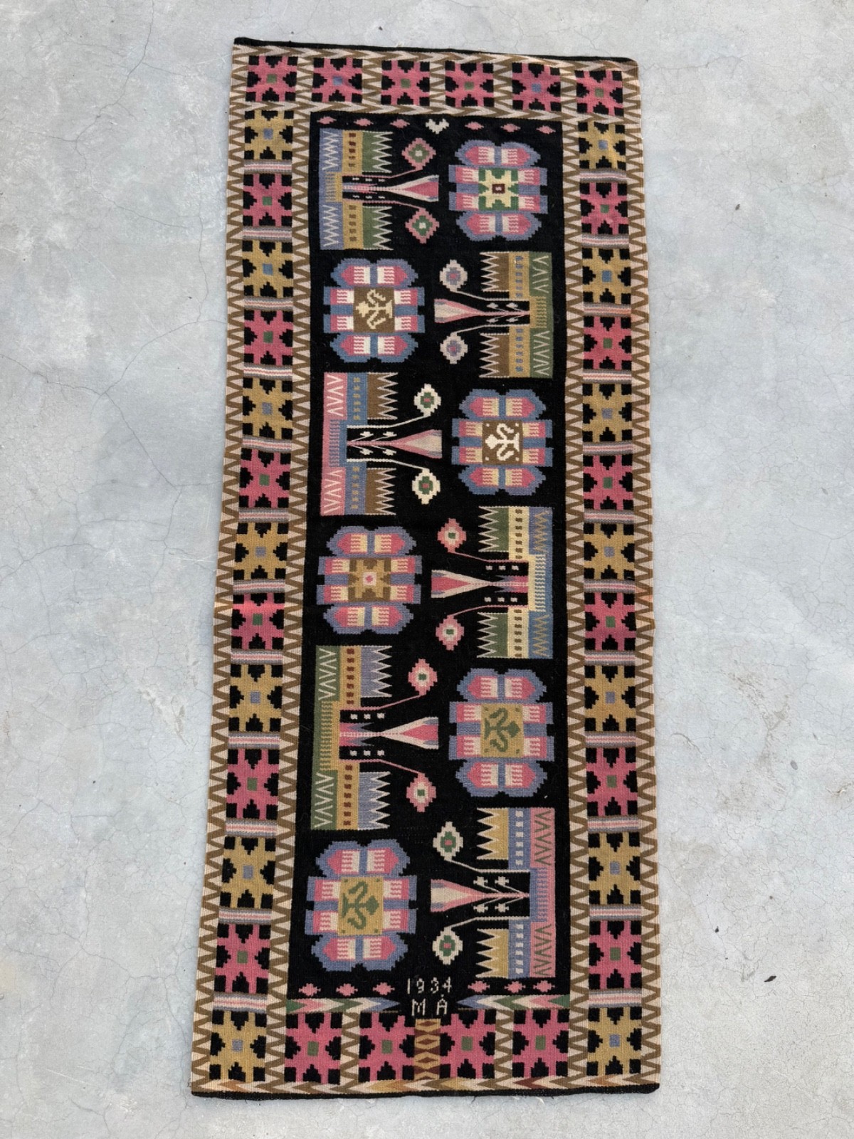 Vintage Fabulous Hand Woven Swedish Scandinavian Signed Dated MA 1934 Wool Rug