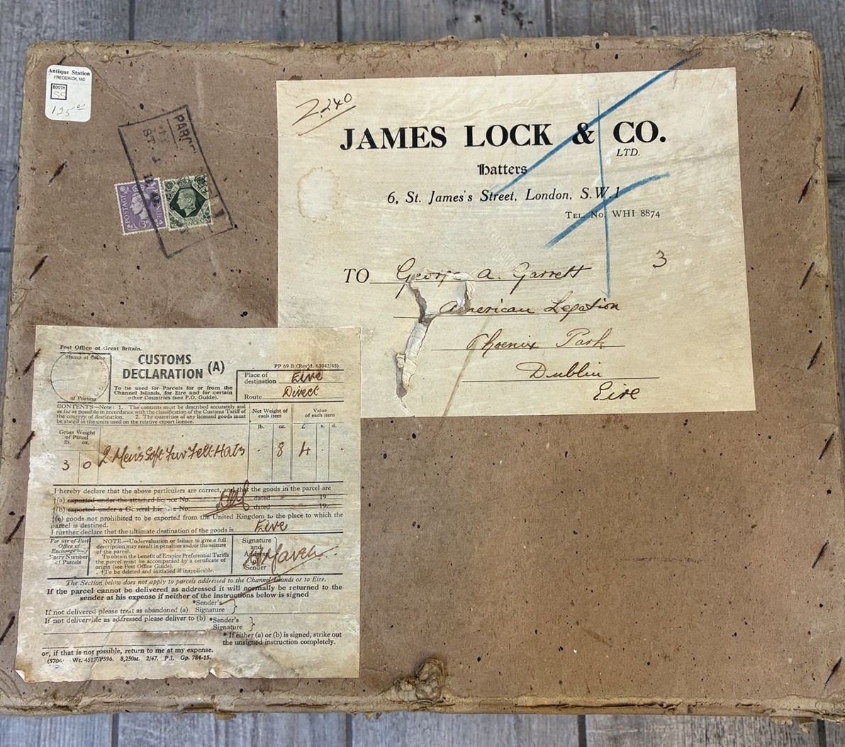 Vtg 1940s Lock & Co Hat Box US Legation Ireland + Fedora w 1941 Broadway Ticket