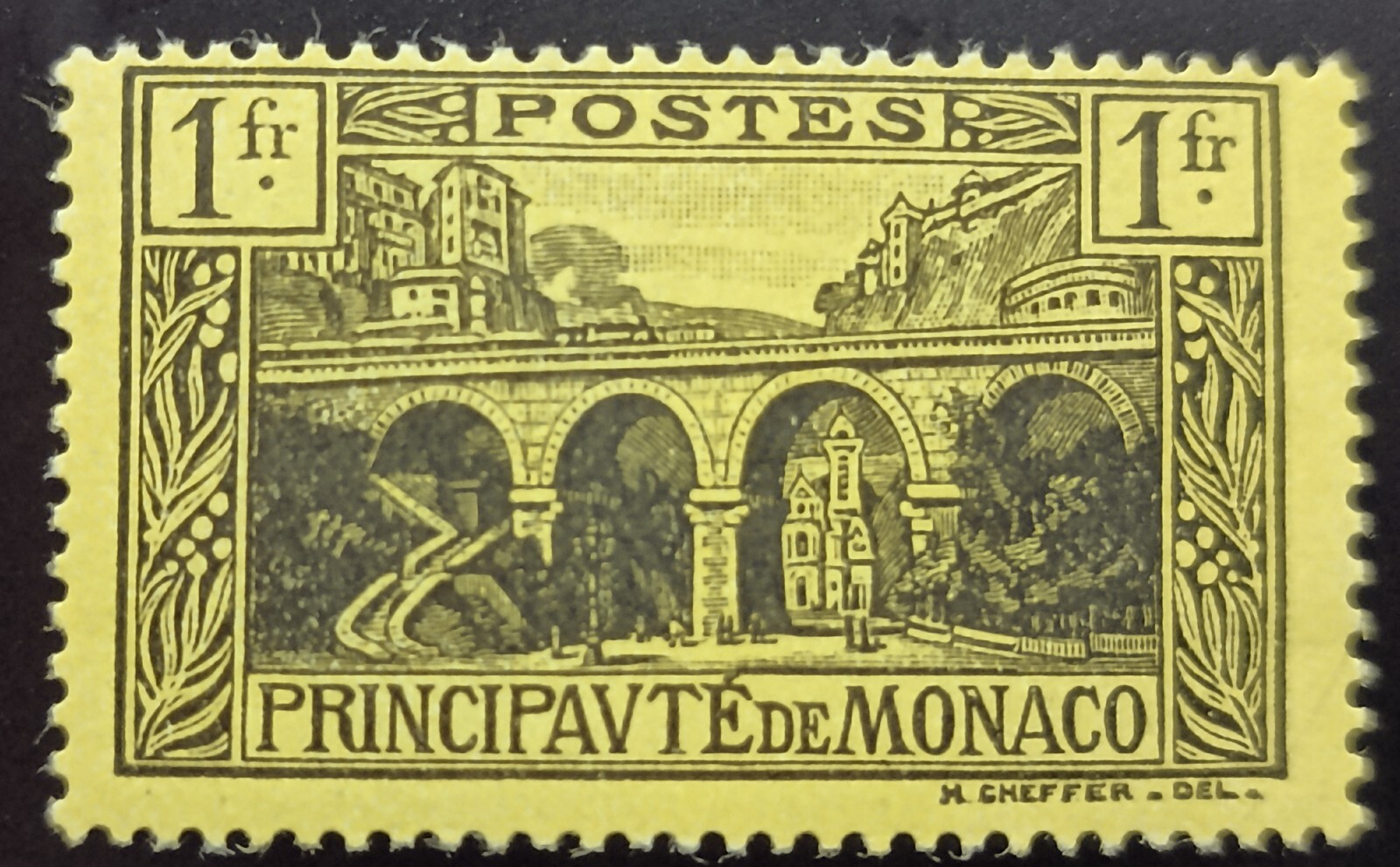 Monaco 1 Fr stamp 1925 Viaduct at the church Scott# MC 86 MVLH Lot 239