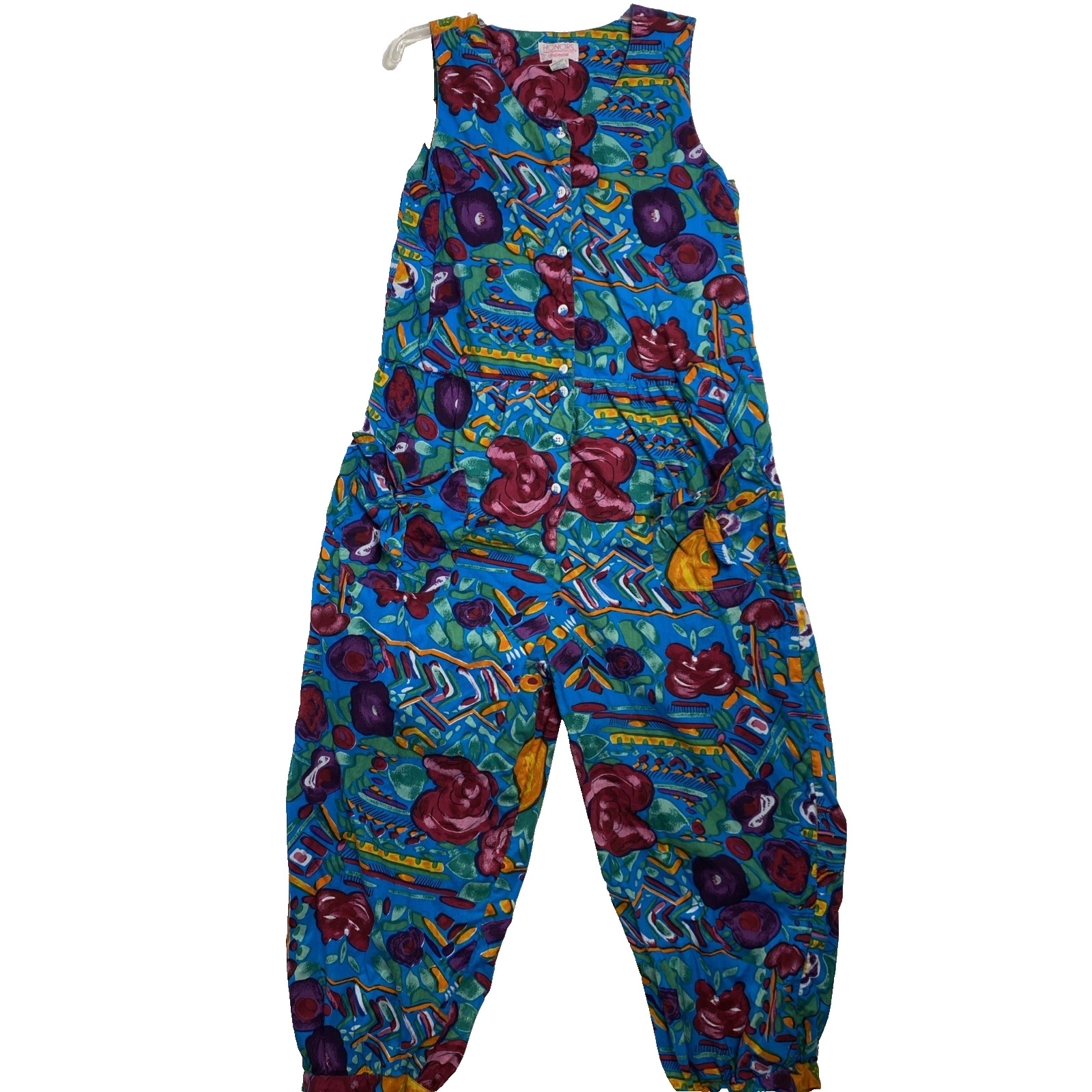 Vintage Honors Intimates Woman XL Teal Multi 1/2 Button Cotton Jumpsuit Pockets Vintage Honors Intimates Woman XL Teal Multi 1/2 Button Cotton Jumpsuit Pockets