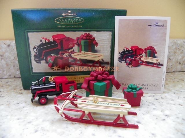 Hallmark 2002 Christmas Morning Treasures Ornament set Family Room Train sled Hallmark 2002 Christmas Morning Treasures Ornament set Family Room Train sled