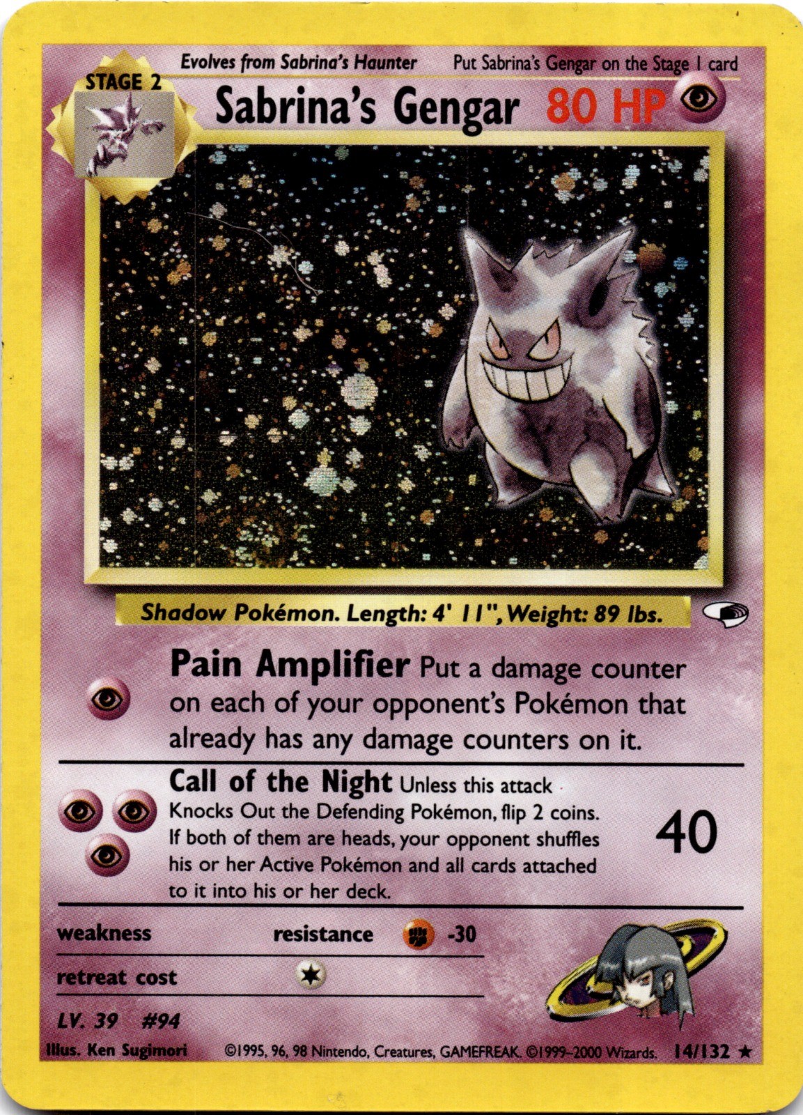 Sabrina\'s Gengar Unlimited Holo Holo Rare Gym Heroes 014/132 LP Sabrina\'s Gengar Unlimited Holo Holo Rare Gym Heroes 014/132 LP
