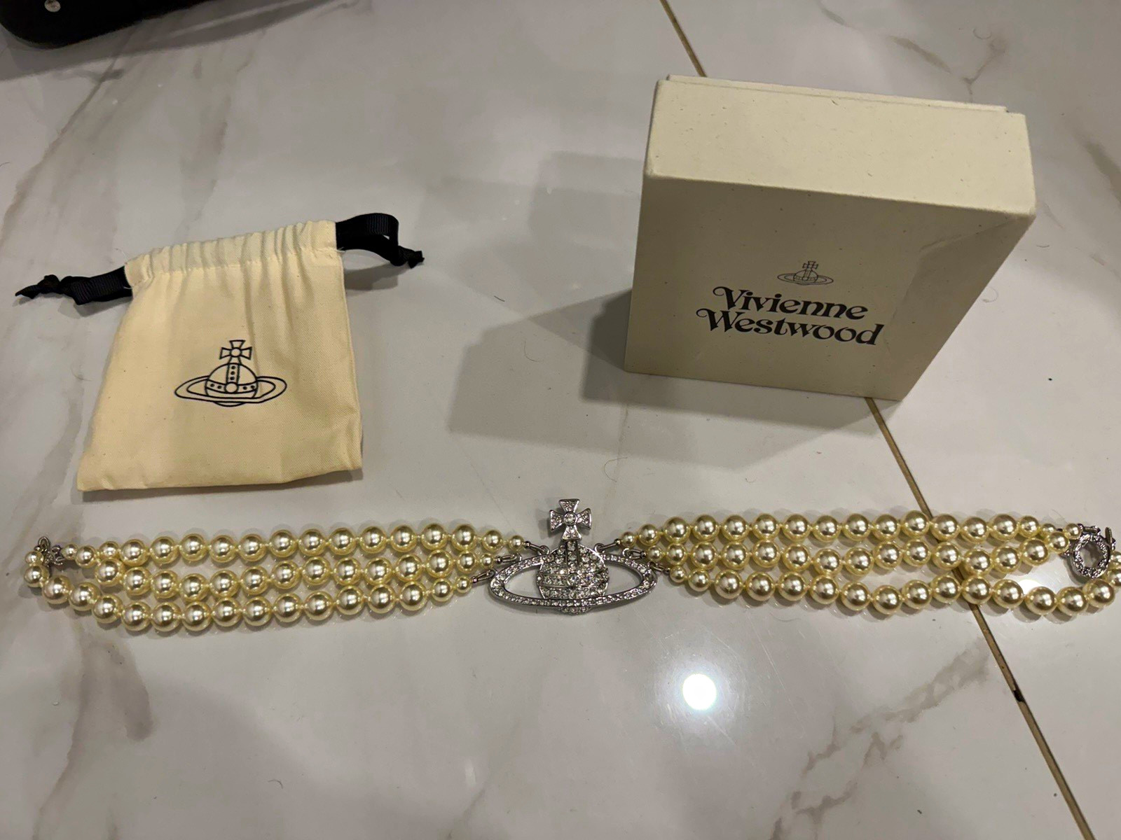 Vivienne Westwood Faux Pearl Choker Necklace Crystal Orb Charm, Signed Vivienne Westwood Faux Pearl Choker Necklace Crystal Orb Charm, Signed