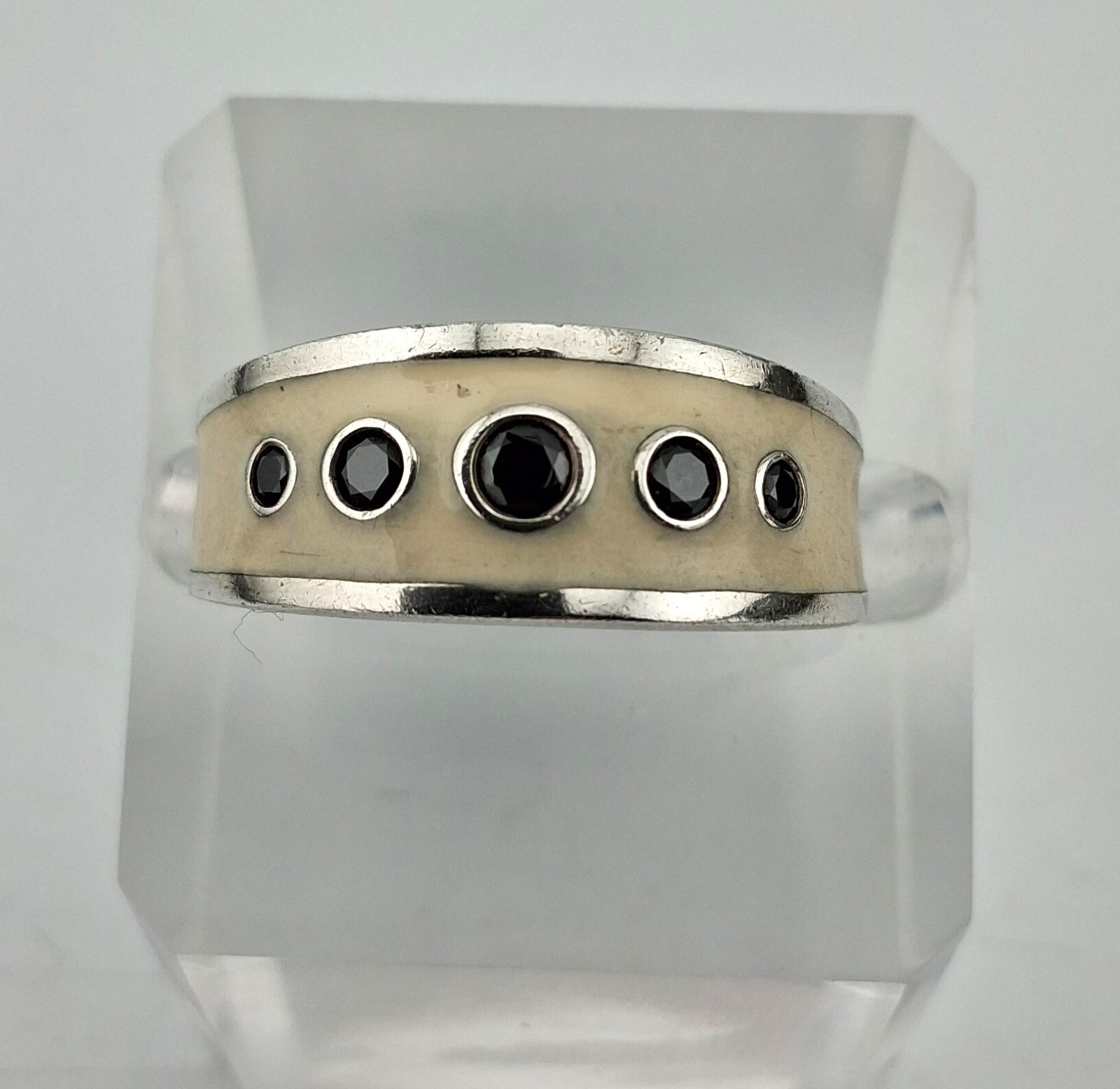 Pandora Sterling Silver Enamel Black Stone Ring Signed ALE 925 Size 9.25
