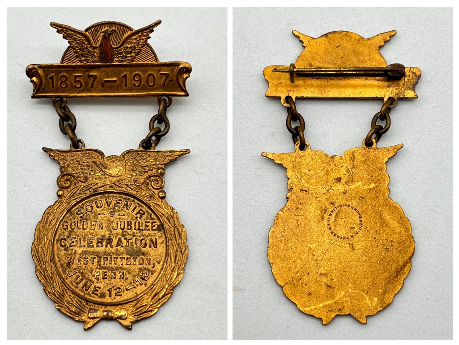 Antique Golden Jubilee Medal West Pittston Penn 1857 1907 Whitehead and Hoag Antique Golden Jubilee Medal West Pittston Penn 1857 1907 Whitehead and Hoag
