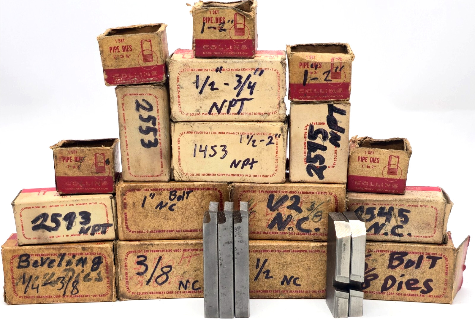 Lot of 18 Miscellaneous Collins Brand Pipe Beveling & Bolt Die Sets Vintage