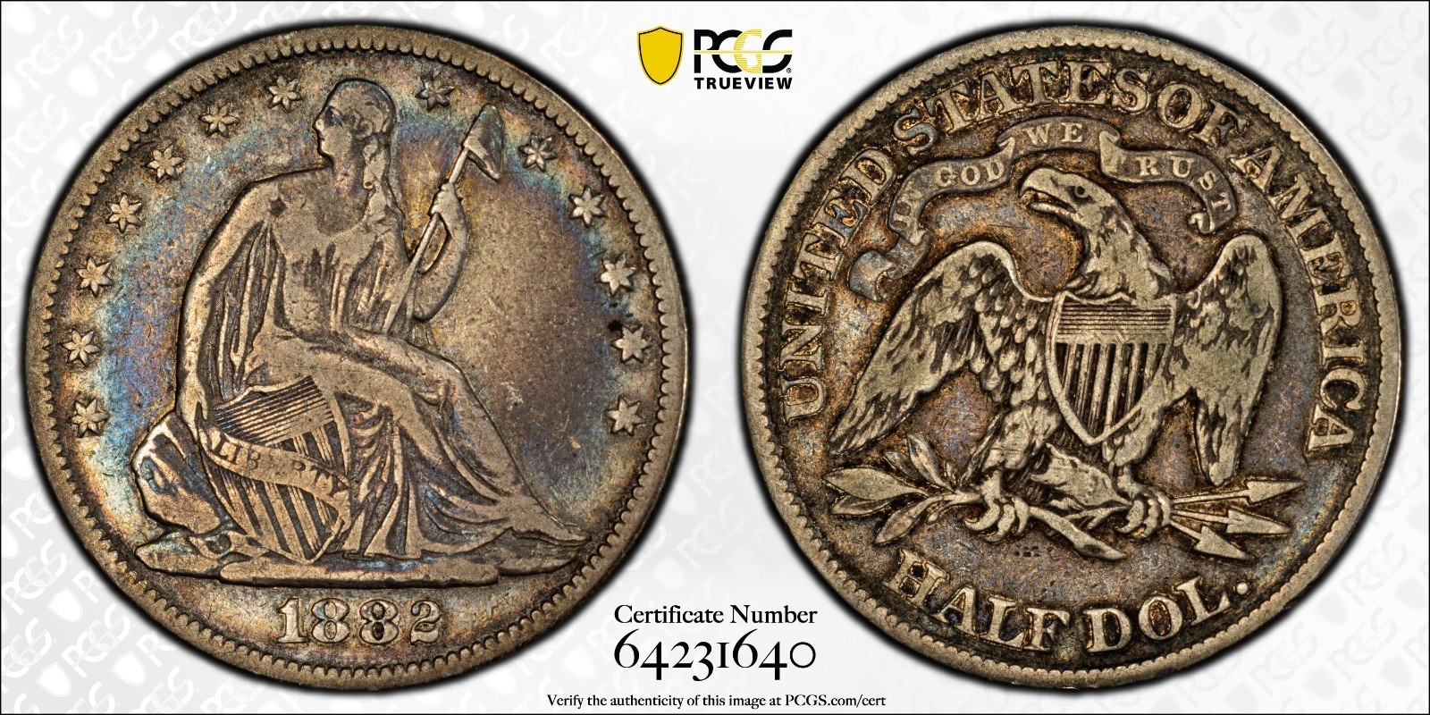 1882 SEATED LIBERTY HALF DOLLAR PCGS VF20 TONED BEAUTIFUL COIN