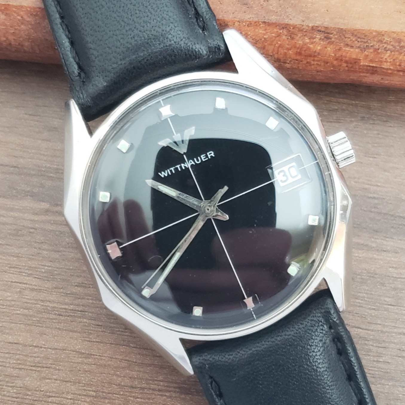 Vintage Wittnauer Black Crosshair Dial Faceted Steel Case Mechanical Watch, Nice