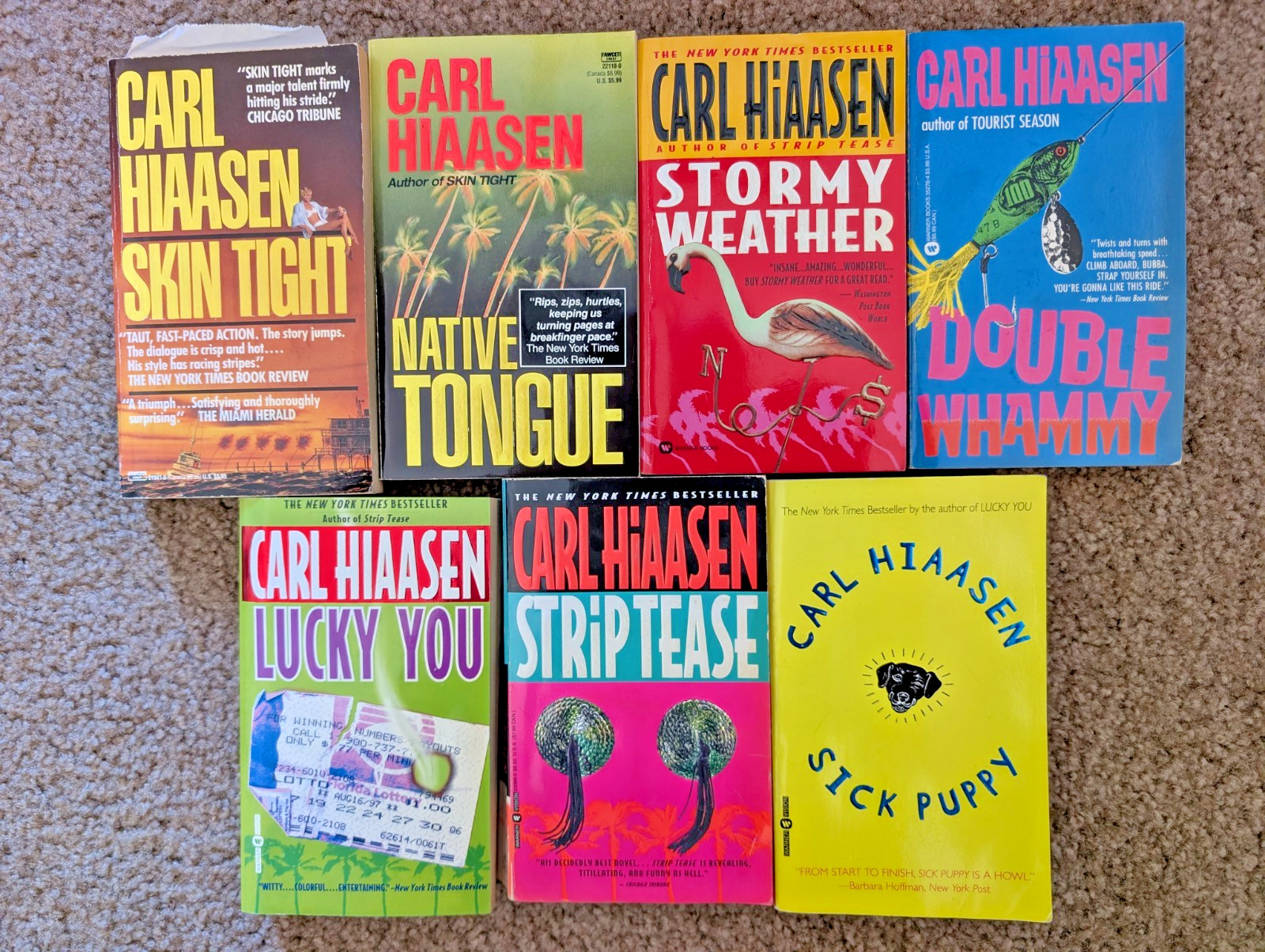 Carl Hiaasen  Book Lot Sick Puppy, Strip Tease, Lucky You, Skin Tight 1st Prints