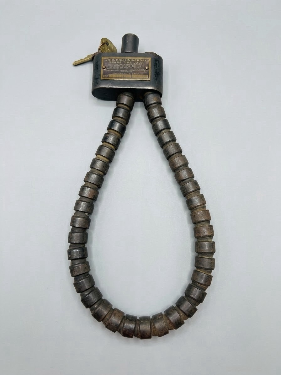 Antique Johnson Universal Spare Tire Lock Heavy Duty Cable Armored Coiled Key