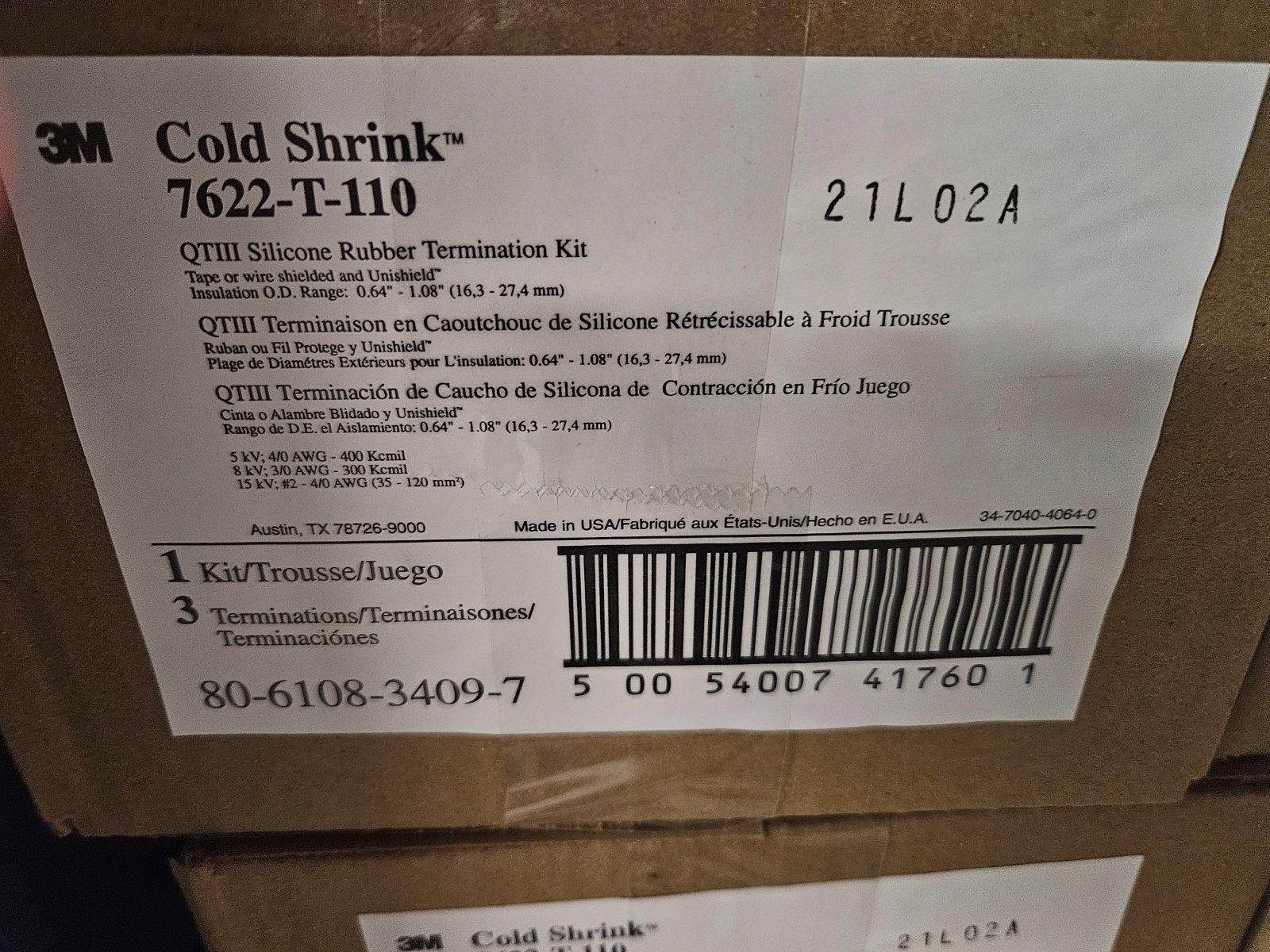 3M 7622-T-110 Cold Shrink Kit--NEW IN BOX 3M 7622-T-110 Cold Shrink Kit--NEW IN BOX