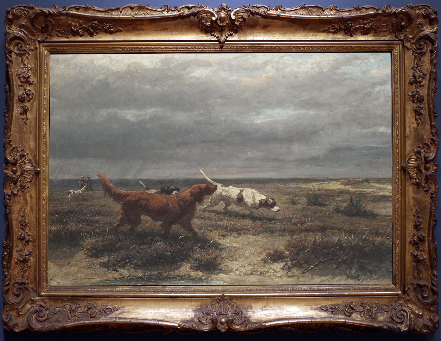 Vintage Oil Painting Hunting Dogs in Moorland Landscape Classical Animal Art