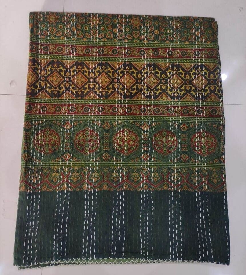 Indian Kantha Quilt Cotton Bedspread King Size Blanket Hand Block Bedding Throw