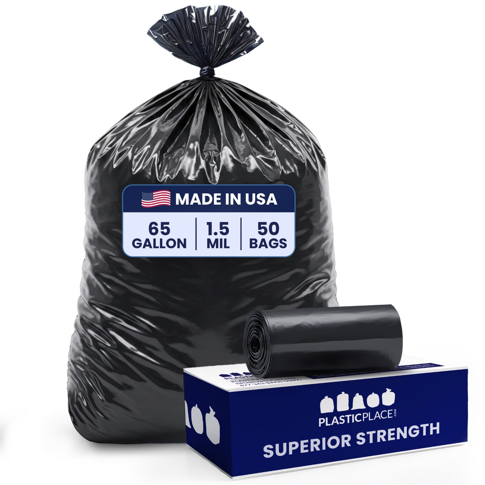 Plasticplace 65 Gallon Heavy Duty Trash Bags, Black, 1.5 Mil, 50 Count