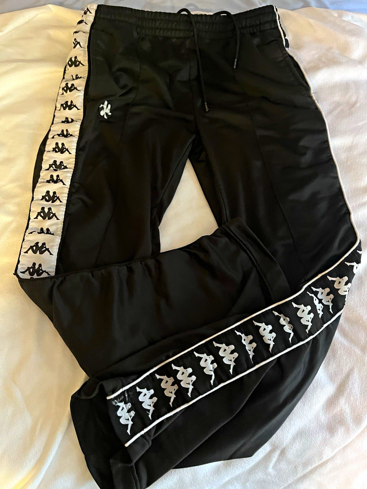 Kappa Men\'s Black Track Pants S Logo Side Stripe Drawstring Pockets