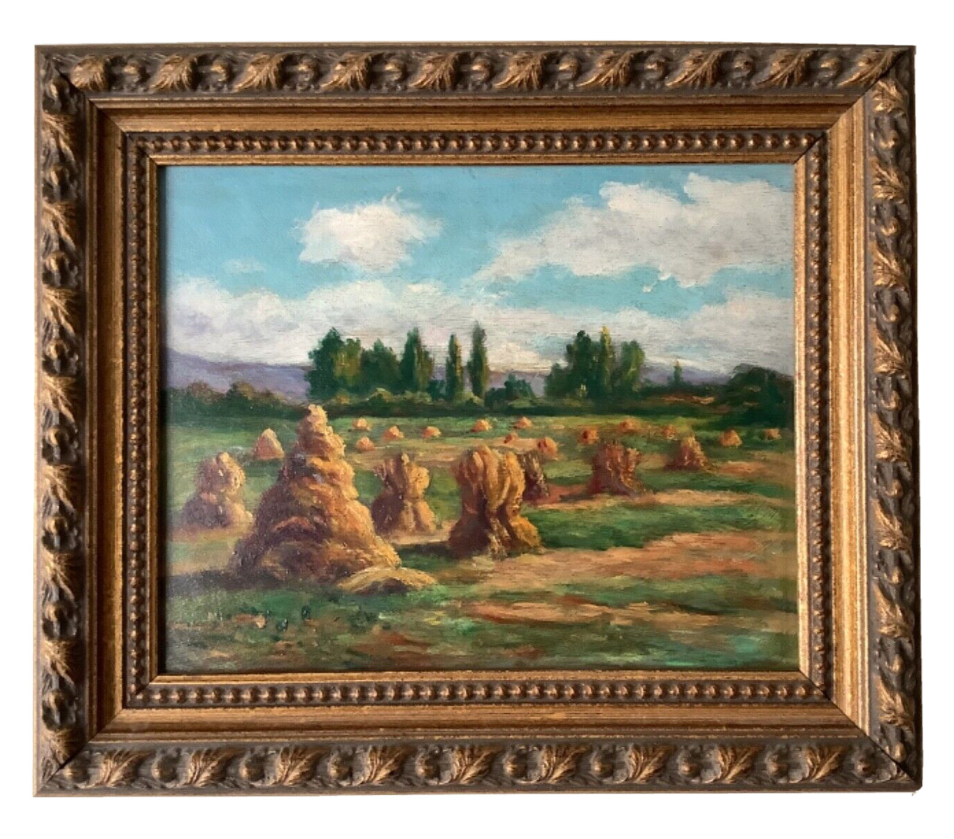 French Impressionist Style Haystacks Oil Painting Signed Early 1900s Gilt Frame