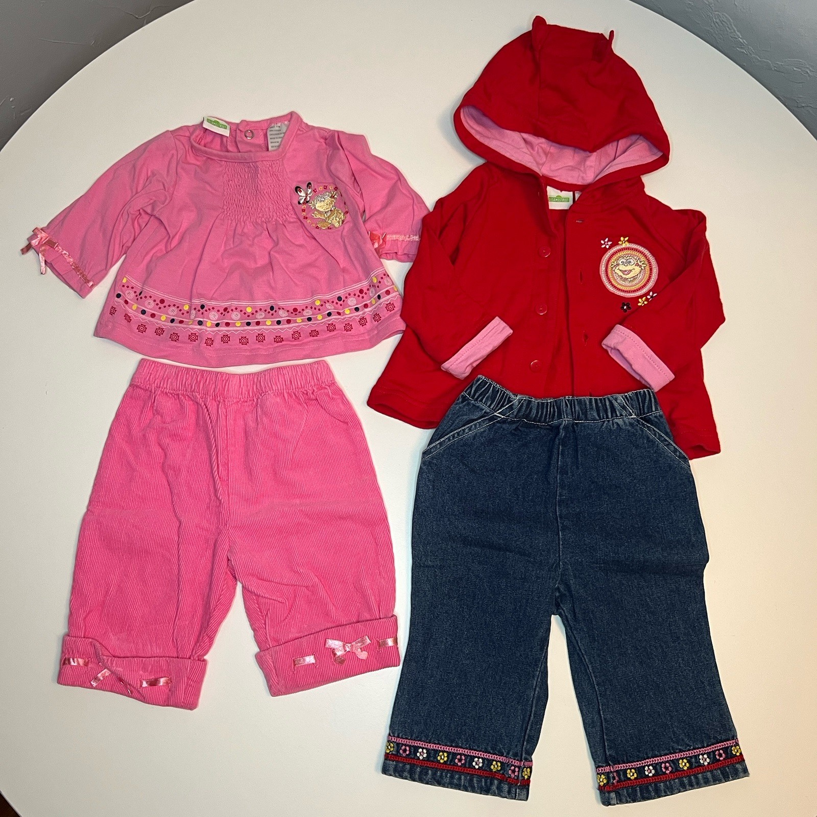 VINTAGE Sesame Street Elmo Girls 0-3 and 3-6M Hooded Jacket Denim Pants Pink Top VINTAGE Sesame Street Elmo Girls 0-3 and 3-6M Hooded Jacket Denim Pants Pink Top