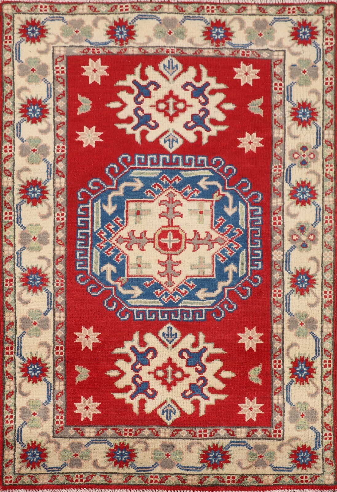 Traditional Hand-made Red/ Ivory Super Kazak Geometric Oriental Accent Rug 3\'x4\'