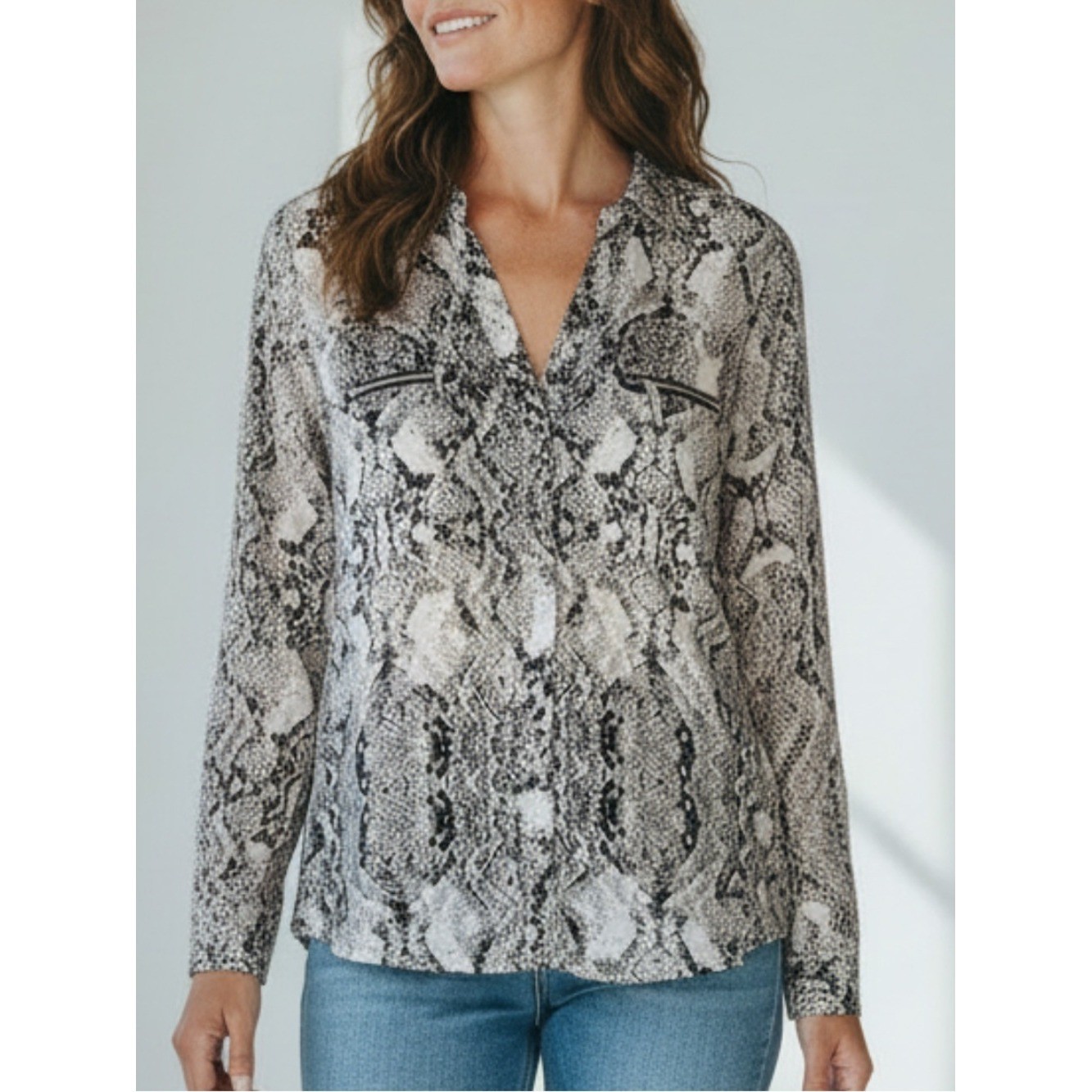 INC International Concepts Black White Snake Print Button Down Top Womens S