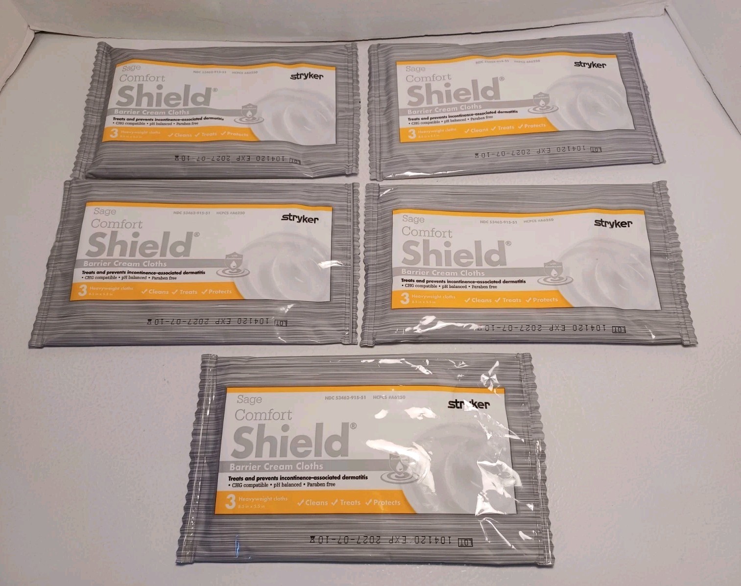 5 Pkgs Stryker Sage Comfort Shield Barrier Cream Cloths  (15 Cloths) Exp 7-10-27