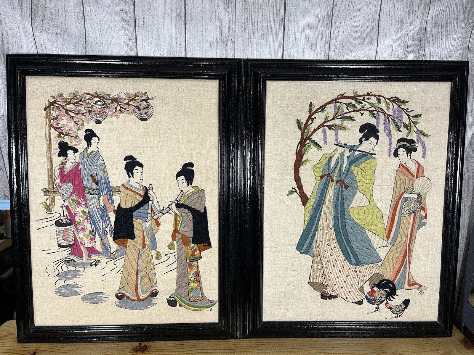 Pair Of Vintage 1970s Ukiyo-e-style crewel and silk embroidery wall art Pieces. Pair Of Vintage 1970s Ukiyo-e-style crewel and silk embroidery wall art Pieces.