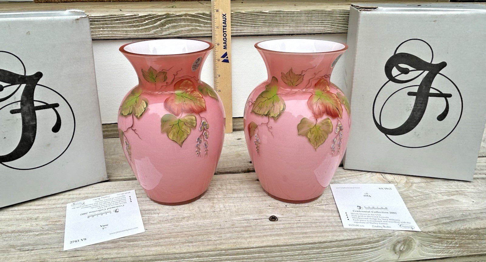 Fenton Glass Vase Pair Vases Coral Orange #2743 V8 Shelley Autumn Leaves Peach