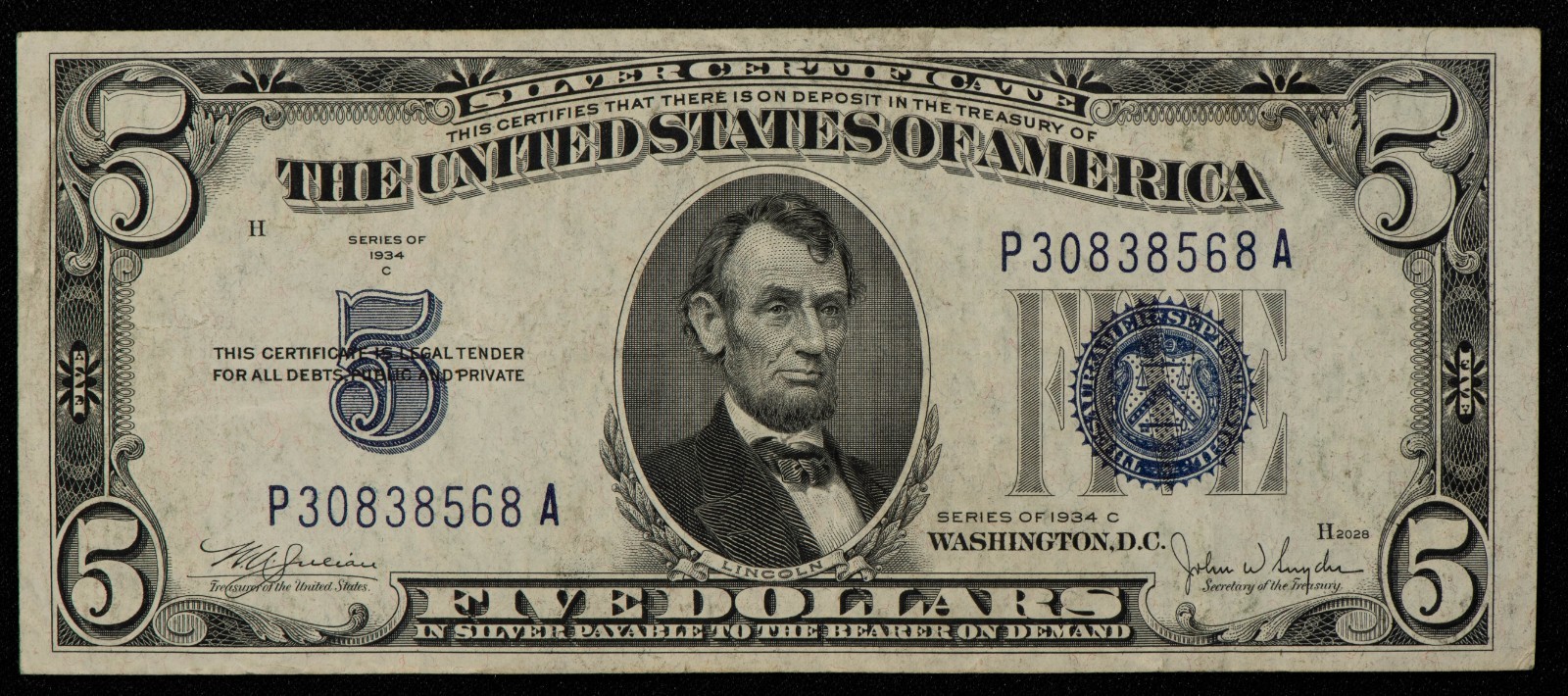 1934C $5 Silver Certificate Note - FR 1653 - Narrow PA Block FP 2028- SKU-CU0025 1934C $5 Silver Certificate Note - FR 1653 - Narrow PA Block FP 2028- SKU-CU0025