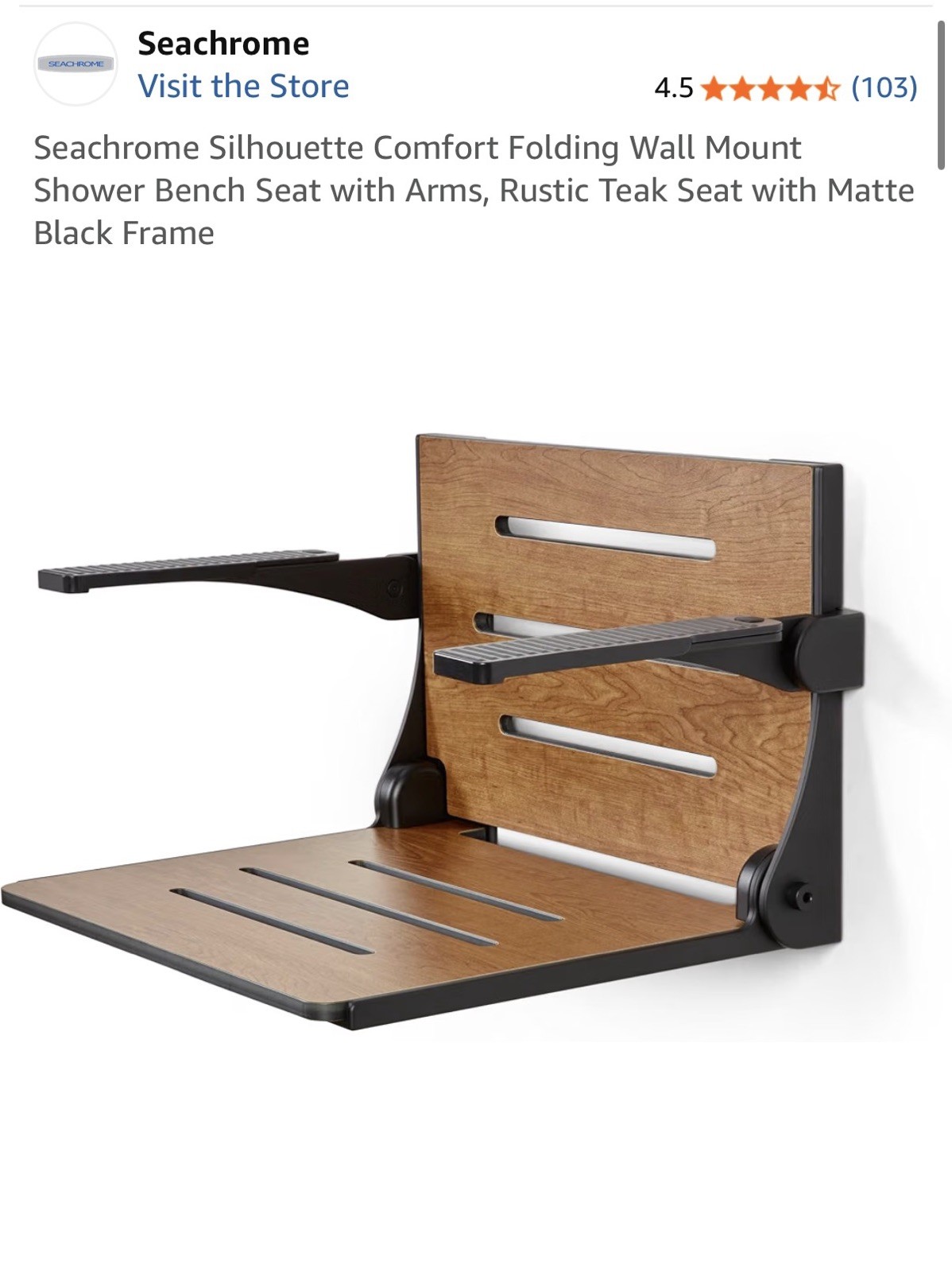Seachrome Rustic Teak Folding Shower Seat Wall Mount Bench With Arms matte black Seachrome Rustic Teak Folding Shower Seat Wall Mount Bench With Arms matte black