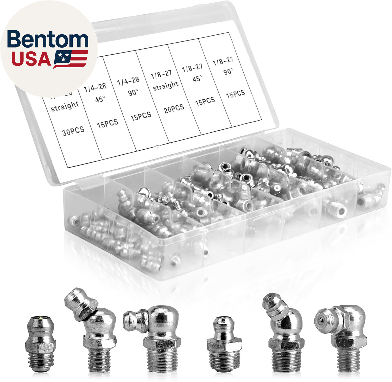 110 Piece Grease Fittings Kit SAE Zerk Assortment Straight 45 and 90 Degree 110 Piece Grease Fittings Kit SAE Zerk Assortment Straight 45 and 90 Degree