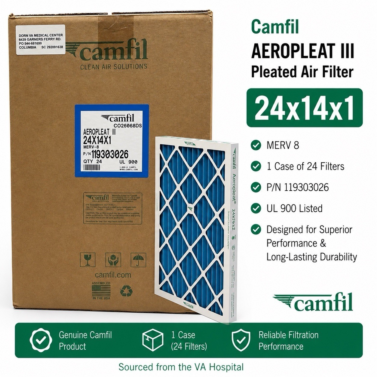 Camfil Aeropleat III 24x14x1 MERV 8 Air Filters 119303026 Case of 24