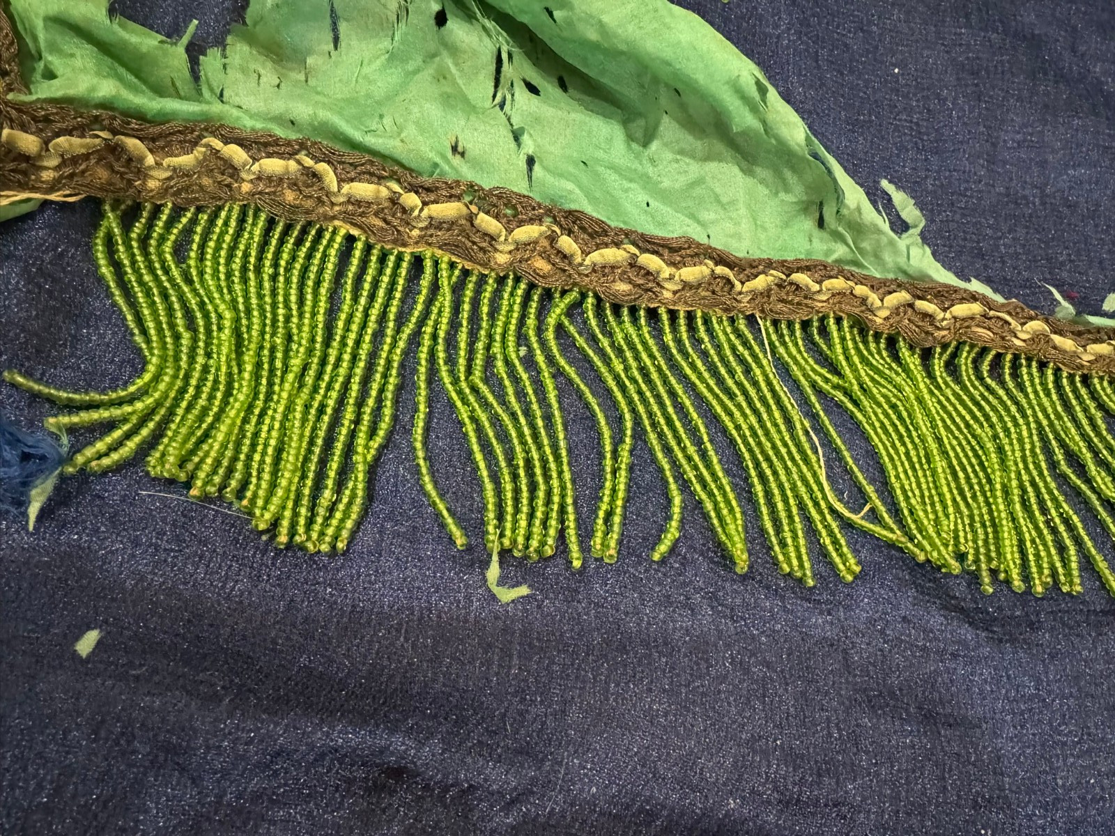 Antique Victorian Green Beaded Fringe Trim with Silk Fabric - 15x15\