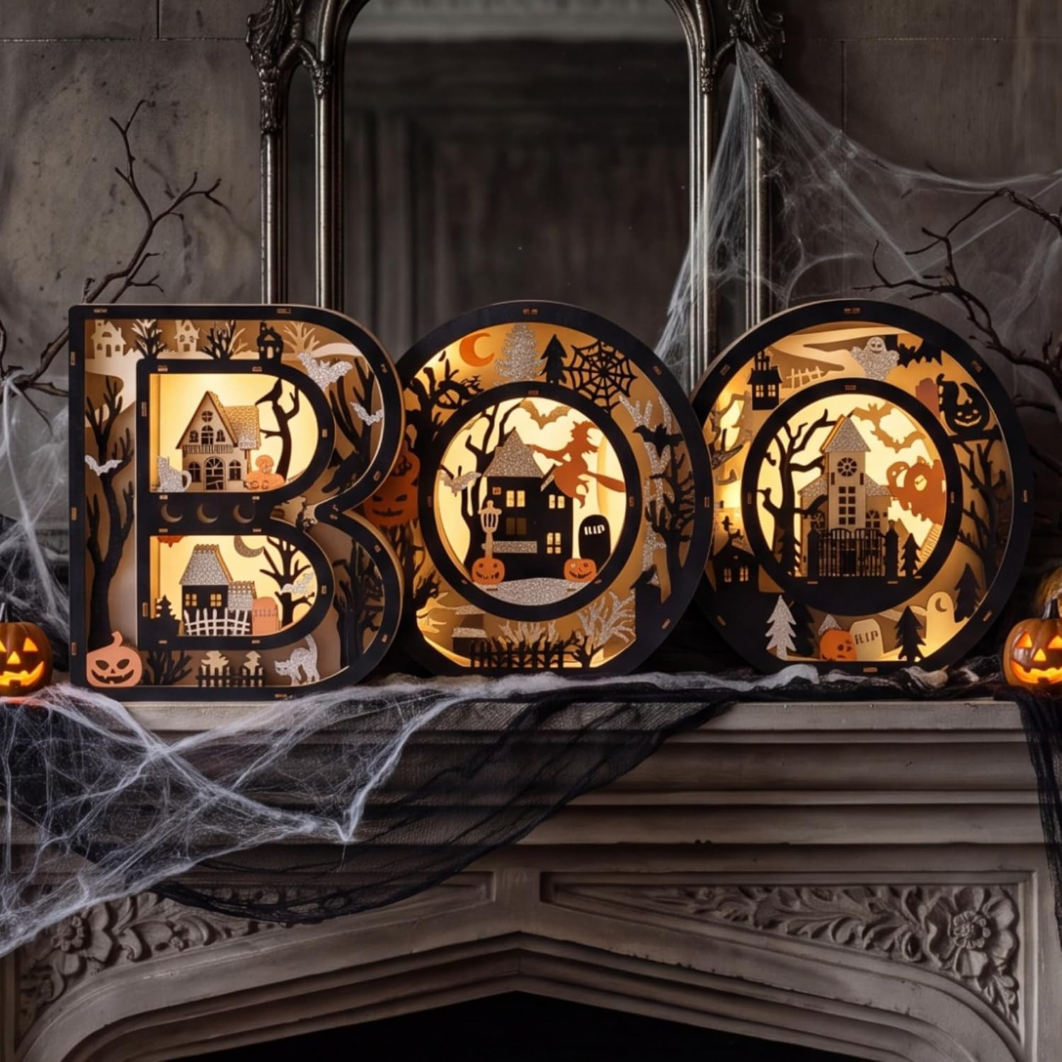 3 Pcs Halloween Light up Decor Boo Letters Sign Table Decorations