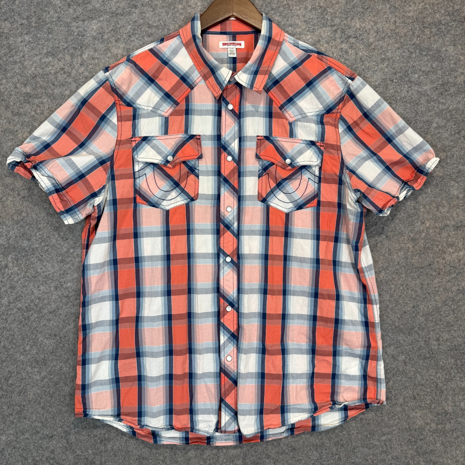Vintage True Religion Western Pearl Snap Shirt Mens XL Orange Blue Flap Plaid Vintage True Religion Western Pearl Snap Shirt Mens XL Orange Blue Flap Plaid