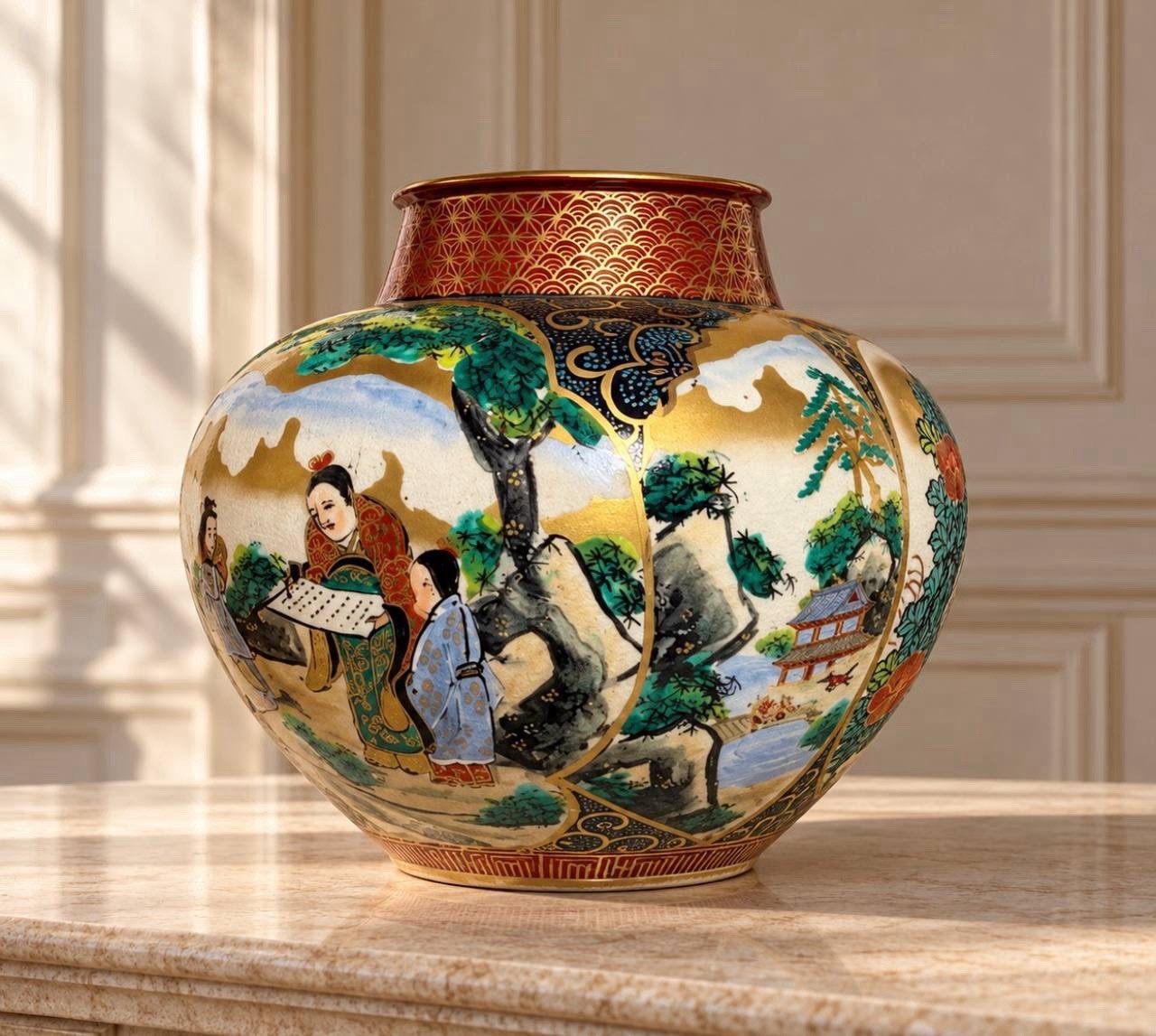 Vintage Kutani Kinsui Large Japanese Porcelain Vase Gold Hand Painted Tsubo Jar