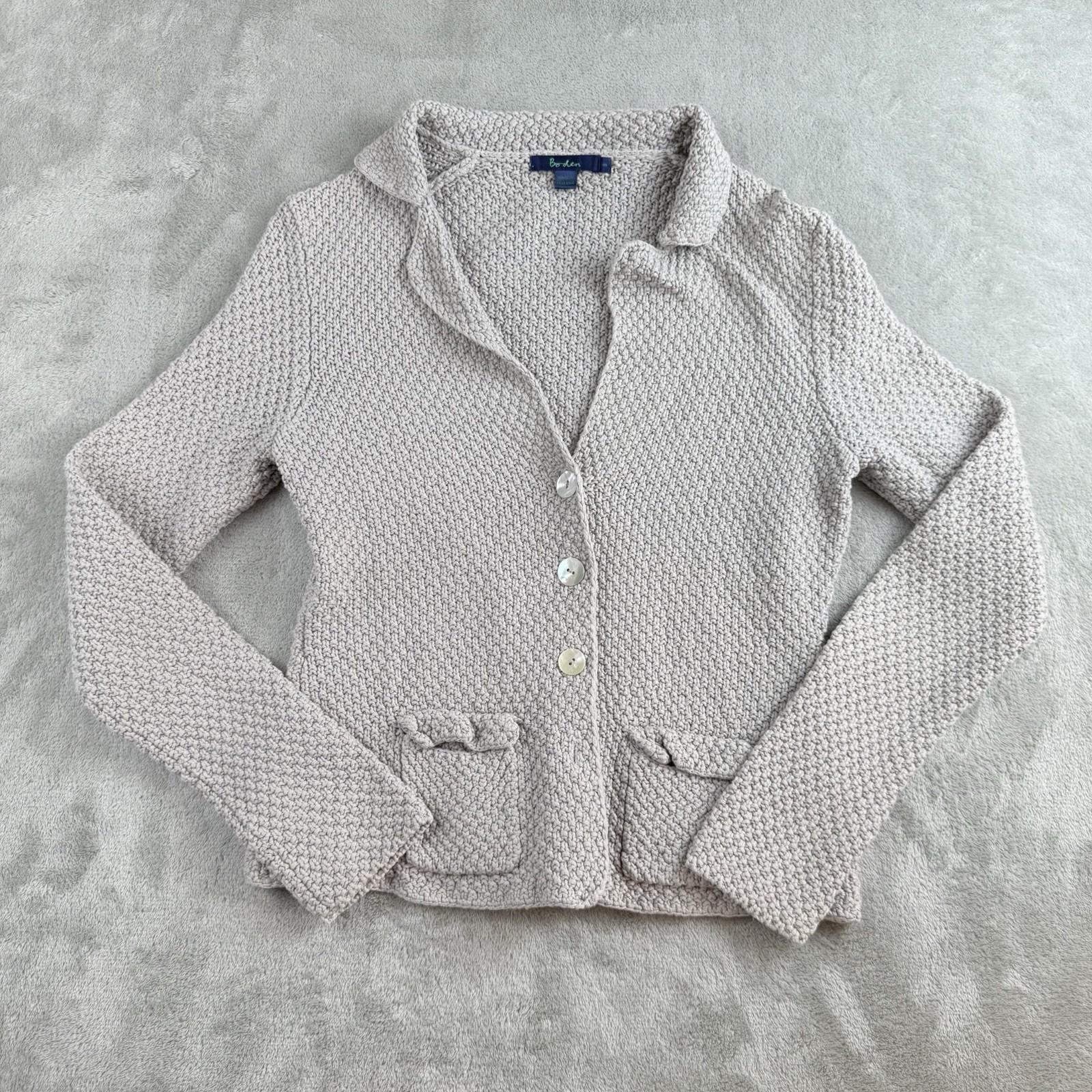 Vintage Boden Cardigan Womens 8 Grey Chunky Knit Cotton Patch Pockets Textured Vintage Boden Cardigan Womens 8 Grey Chunky Knit Cotton Patch Pockets Textured