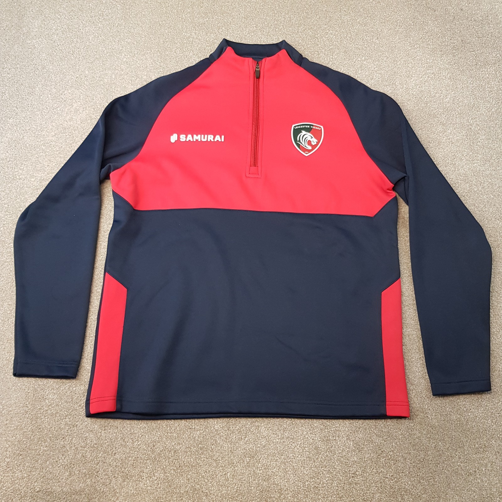 Leicester Tigers Men 1/4 Zip Top Medium Blue Red Rugby Pullover Training Samurai