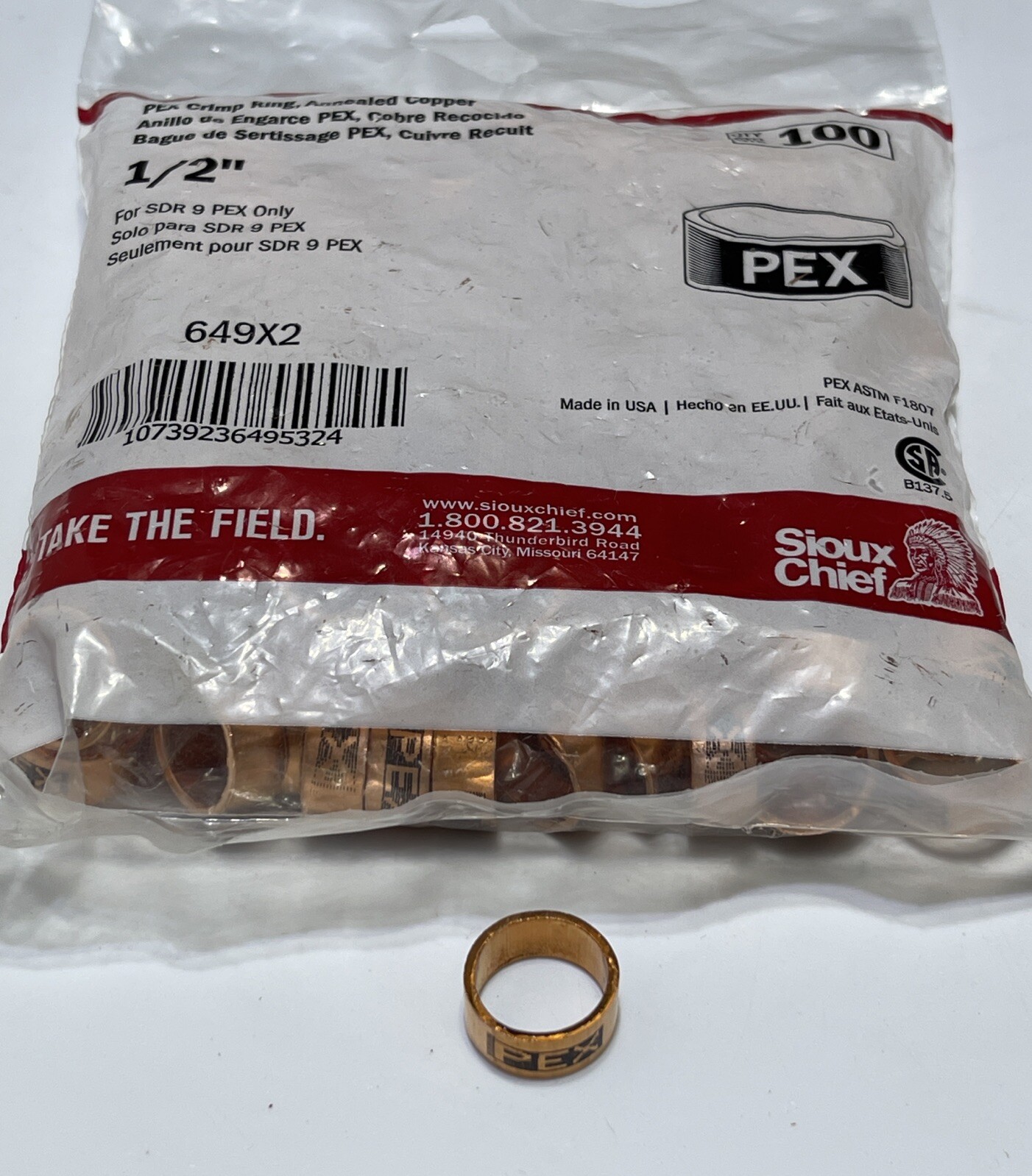 Bag of 100 Sioux Chief PEX Crimp Ring 1/2” Annealed Copper 649x2 USA SDR 9 PEX Bag of 100 Sioux Chief PEX Crimp Ring 1/2” Annealed Copper 649x2 USA SDR 9 PEX