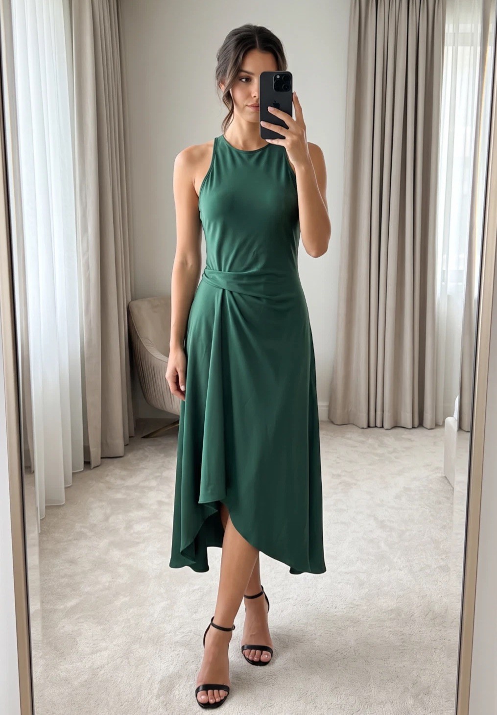Reiss Micah Green Sleeveless Asymmetric Midi Dress Draped Waist
