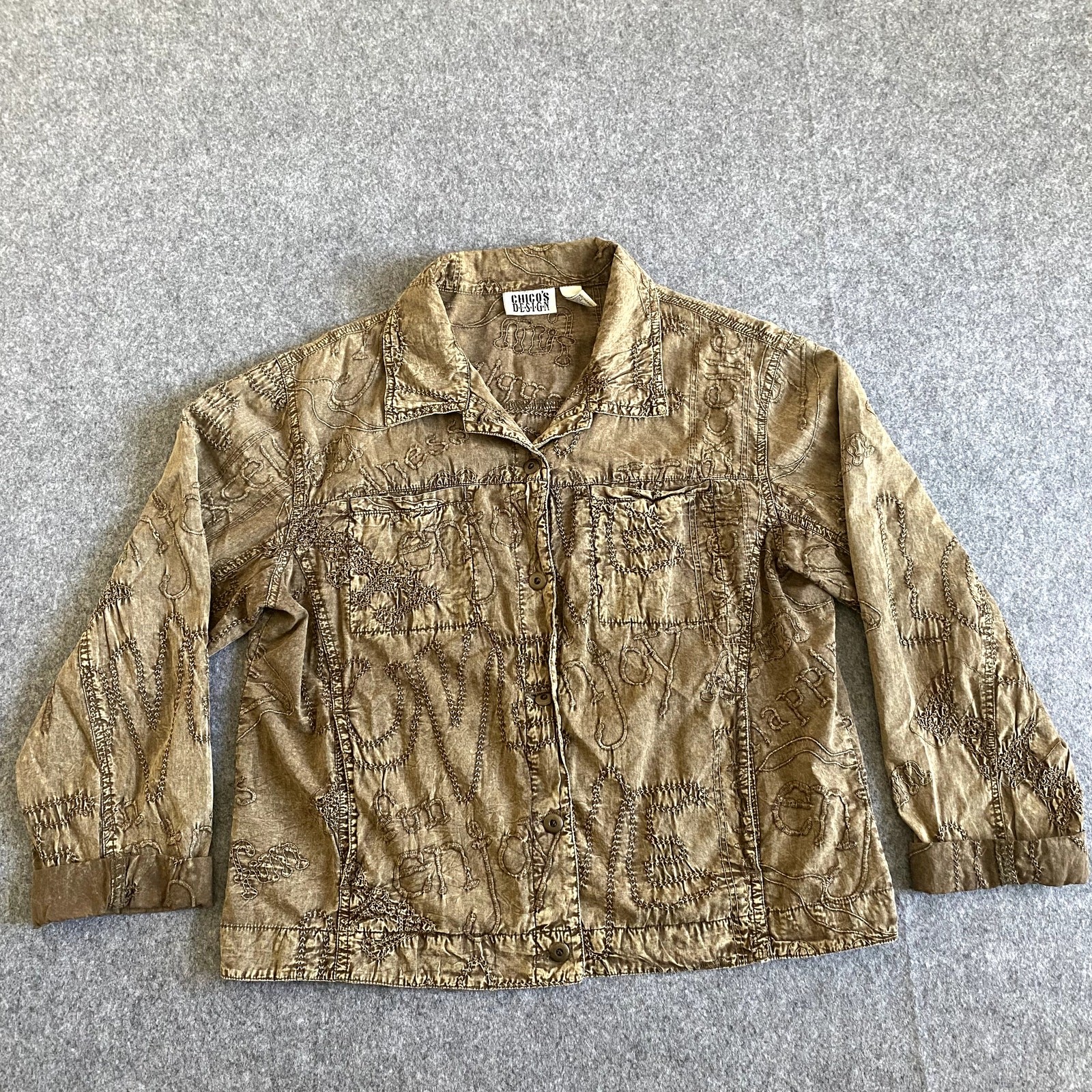 Vintage Chico\'s Design 100% Cotton Embroidered Jacket Size 1 (M) Brown / Tan