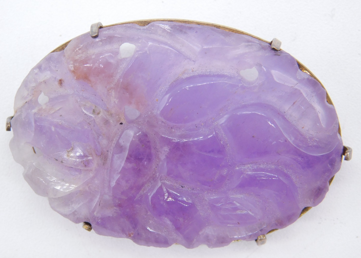 VINTAGE STERLING HAND CARVED LAVENDER JADE PEONY FLOWER PIN BROOCH VINTAGE STERLING HAND CARVED LAVENDER JADE PEONY FLOWER PIN BROOCH