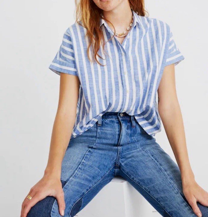 Madewell Women\'s Small Striped Short Sleeve Button Down Shirt Blue White Cuffed Madewell Women\'s Small Striped Short Sleeve Button Down Shirt Blue White Cuffed