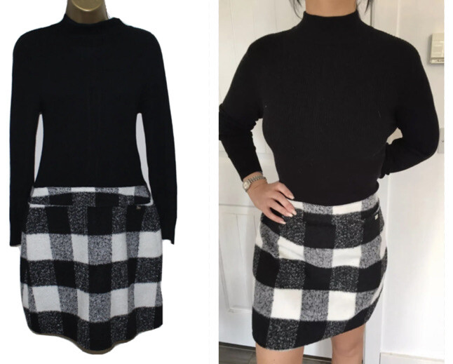Lipsy 2 in1 Dress Size 8 Black Cream Long sleeve Check Party Occasion Sexy