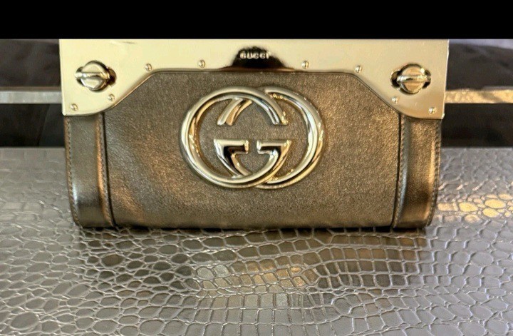 GUCCI Limited Ed BRITT Clutch Handbag BRONZE Leather 9”x 4.5” GUCCI Limited Ed BRITT Clutch Handbag BRONZE Leather 9”x 4.5”