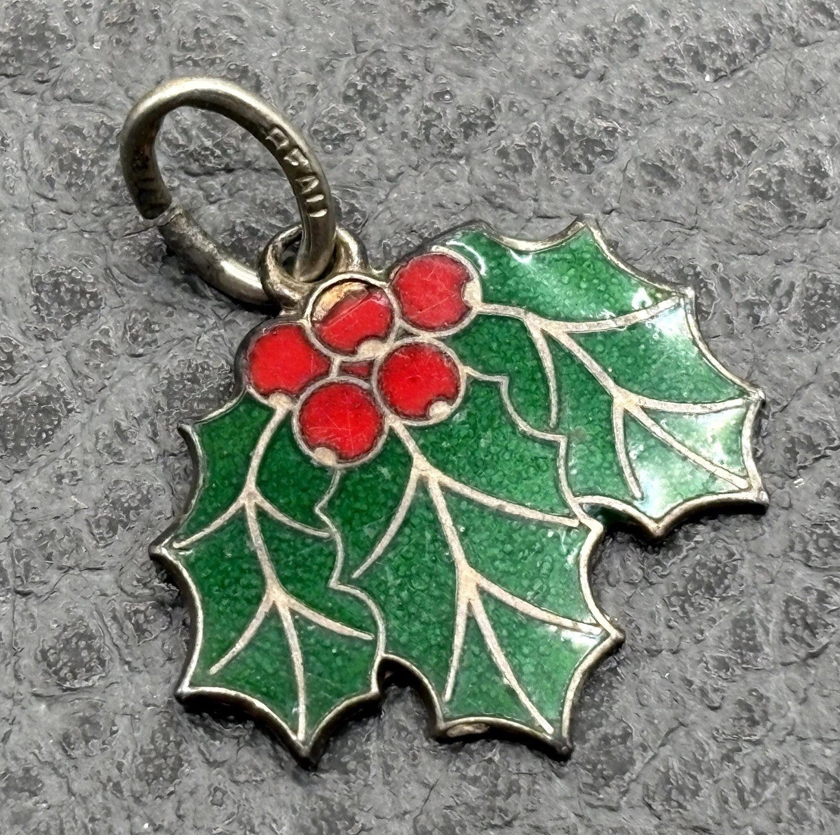 Vintage Beau Sterling Silver 925 Holly Leaf Red Berries Enamel Charm 1972